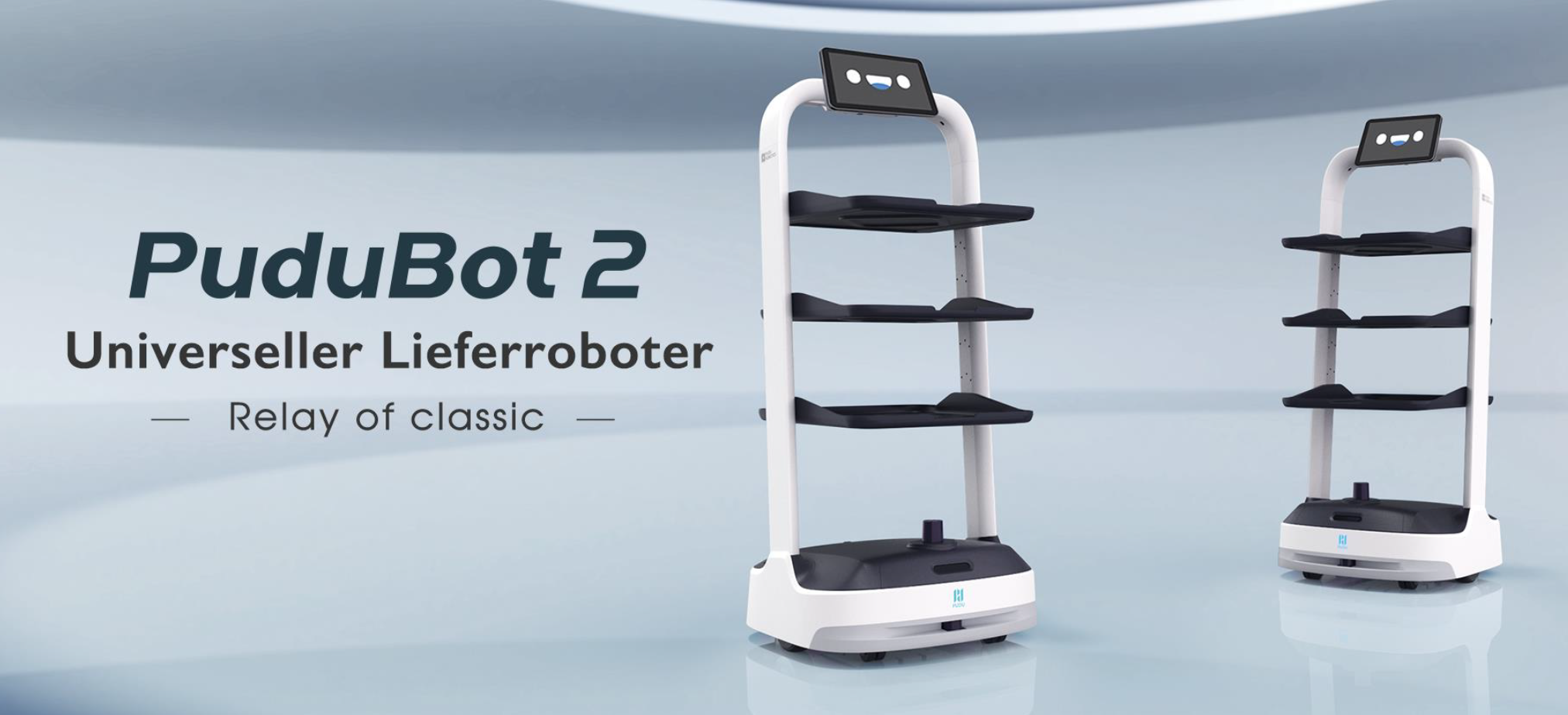 Zwei PuduBot 2 Lieferroboter mit stilvollem Design als flexible Lösung für den Serviceeinsatz