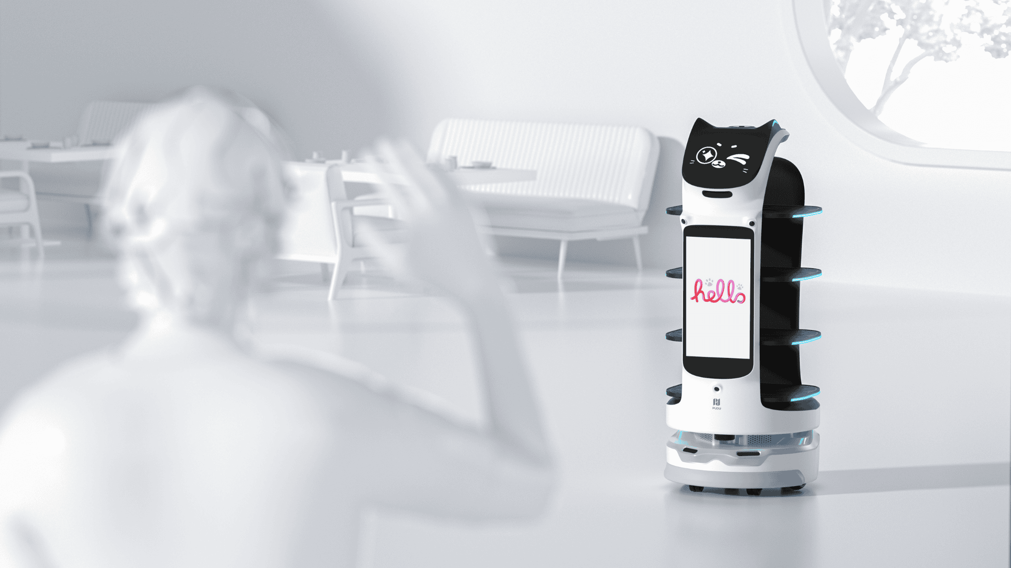 BellaBot Pro erkennt Gäste und begrüßt sie mit einem Lächeln und dem Schriftzug „Hello“ auf dem Display