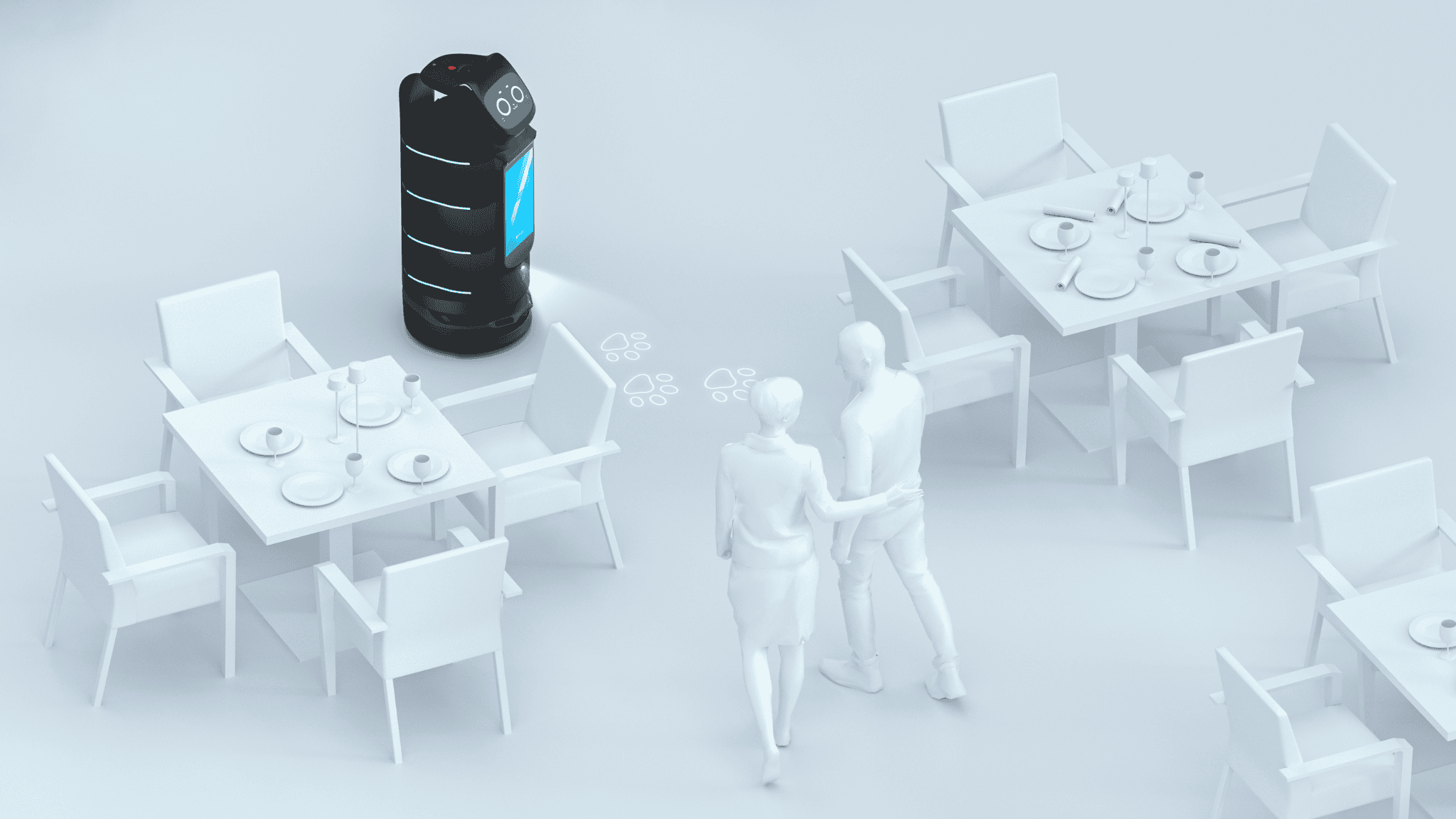 BellaBot Pro erkennt Fußgänger rechtzeitig und bremst intelligent bei Hindernissen im Serviceraum