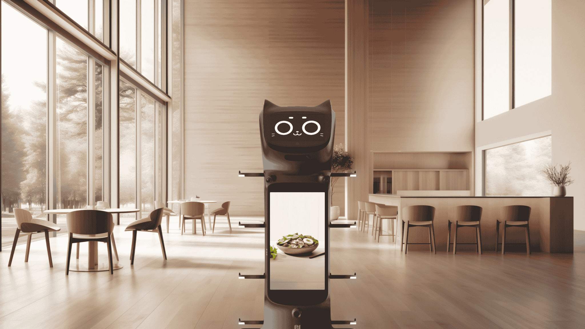 BellaBot Pro zeigt in einem lichtdurchfluteten Restaurant ein frisches Gericht auf seinem Display