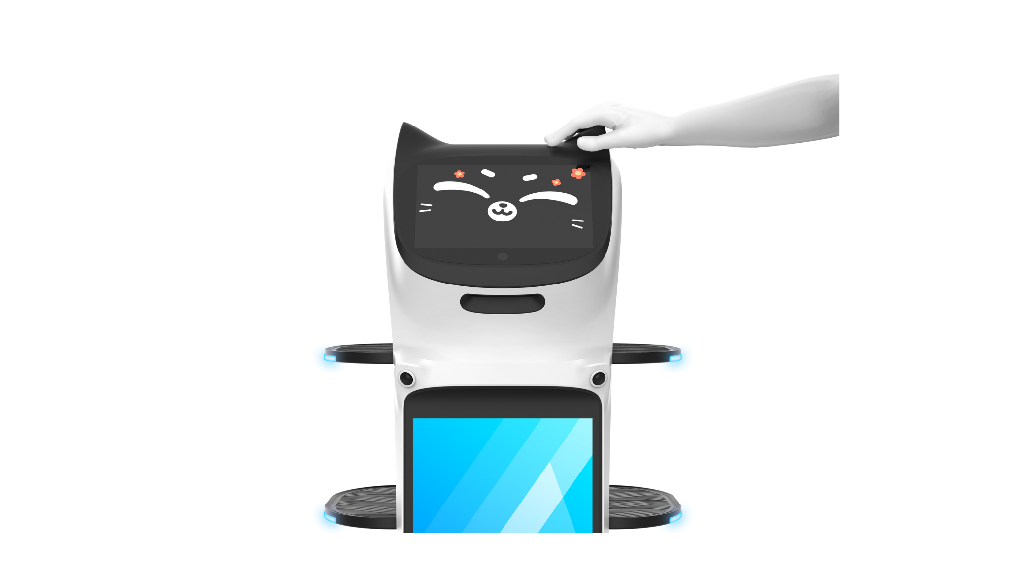 BellaBot Pro zeigt ein glückliches Katzen-Gesicht, während eine Hand sanft seinen Kopf streichelt