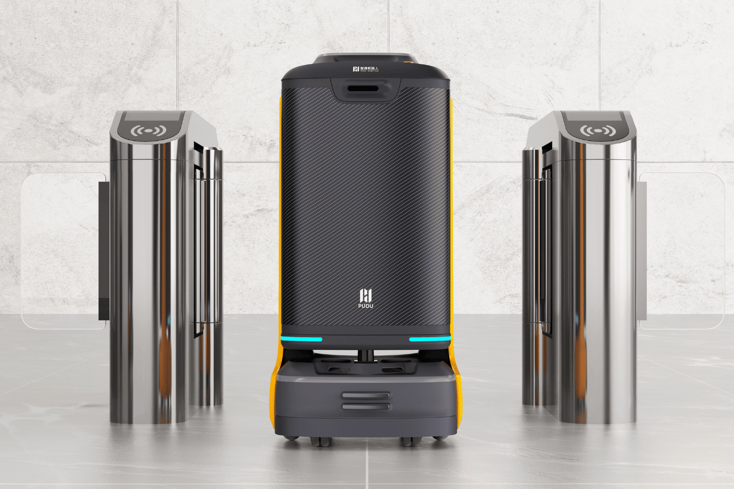 Autonomer Indoor Lieferroboter zwischen Zugangsschranken für kontaktlose Zustellung in Gebäuden
