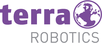 Terra Robotics Logo mit lila Schrift und stilisierter Weltkugel auf transparentem Hintergrund