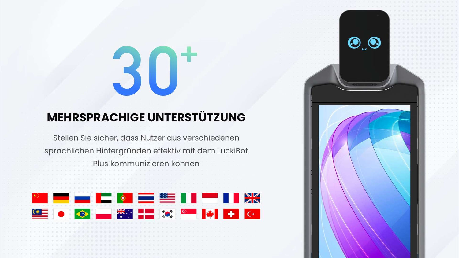 LuckiBot Plus unterstützt über 30 Sprachen zur barrierefreien Kommunikation mit internationalem Publikum