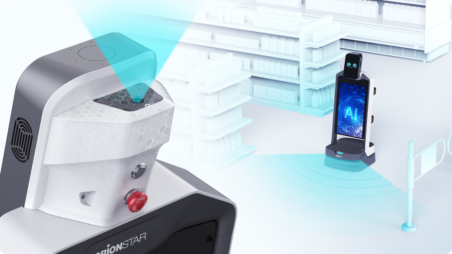 Zwei autonome Roboter mit Sensoren navigieren selbstständig durch ein digitales Ladenumfeld