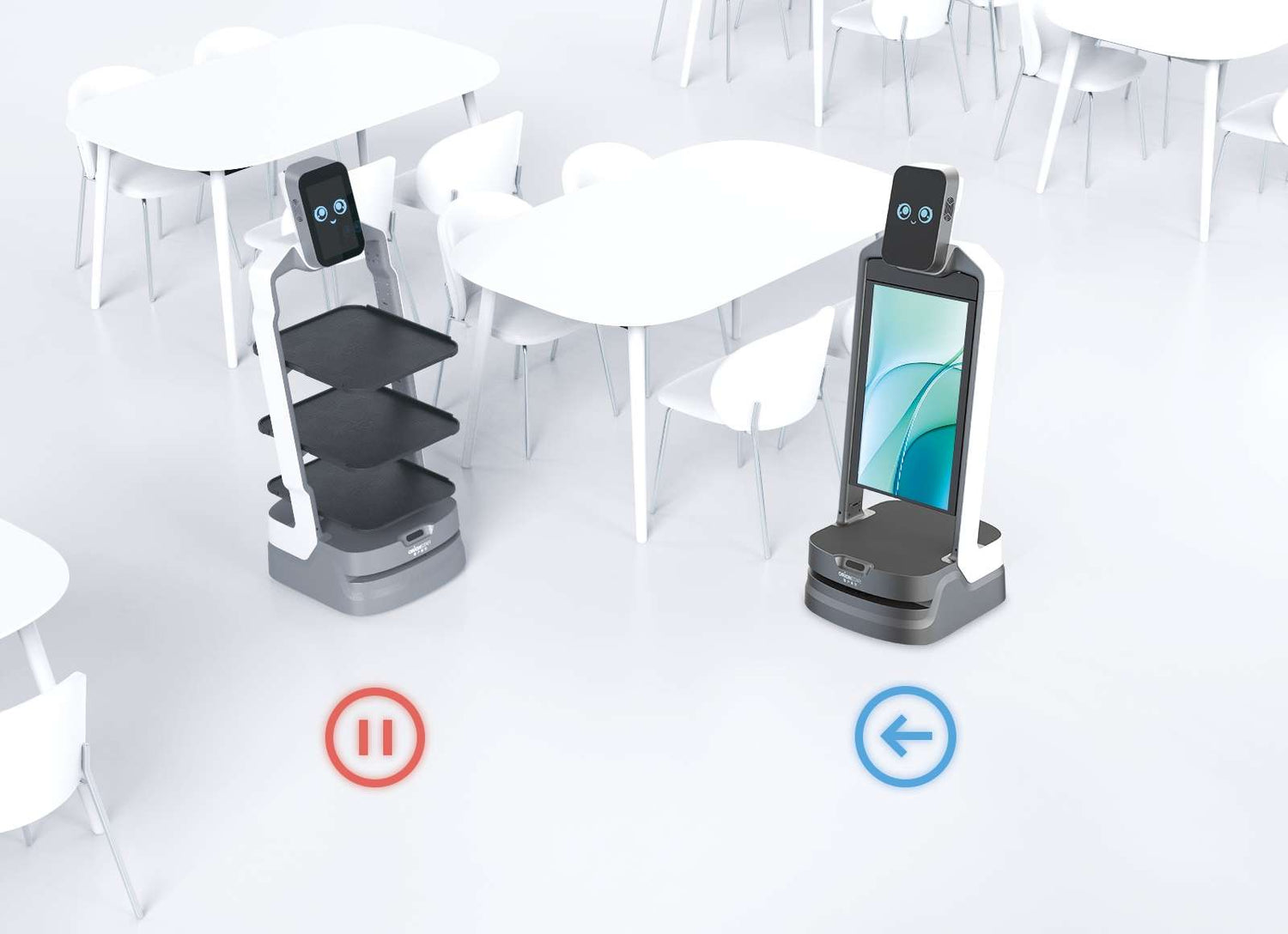 Zwei LuckiBot Plus Roboter arbeiten koordiniert im Gastraum durch visuelle Kommunikation zusammen