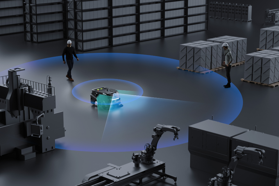 MT1 Reinigungsroboter scannt mit blauer Sicherheitszone autonom eine industrielle Lagerumgebung