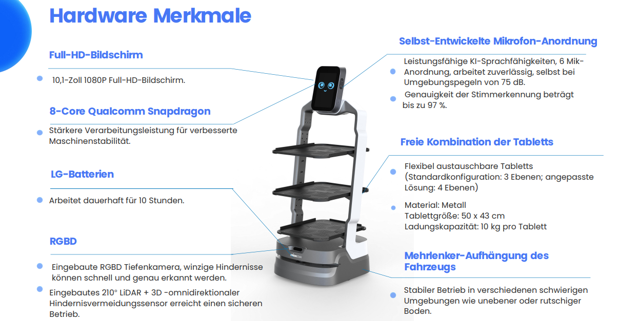 LuckiBot Serviceroboter mit technischen Highlights wie LG Batterie RGBD Kamera und 8 Core Prozessor