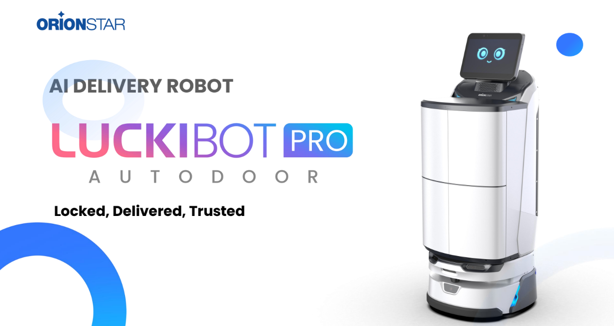 LuckiBot Pro AutoDoor als smarter Lieferroboter mit Display Gesicht und geschlossenem Türsystem vorne