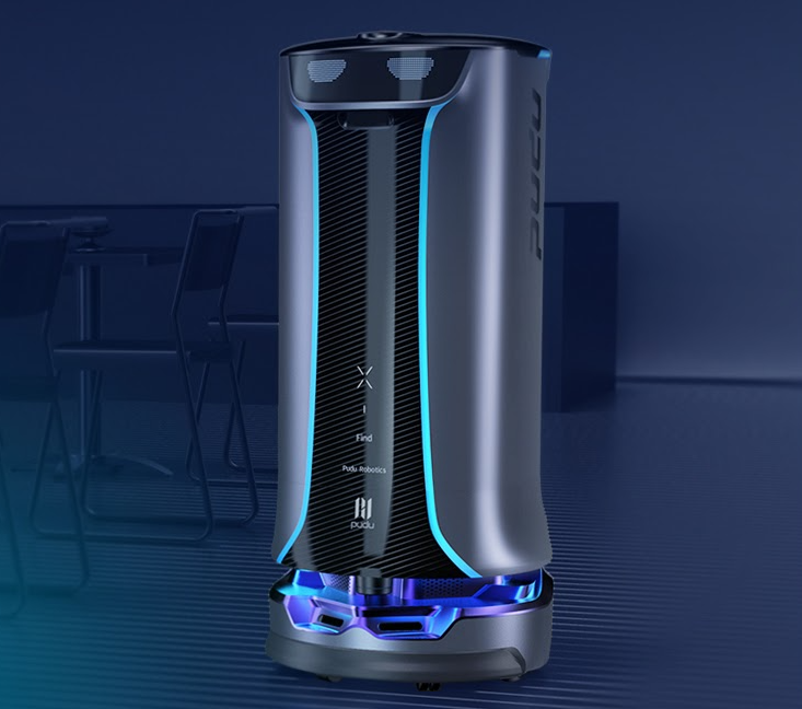 Dunkler Lieferroboter mit Leuchtelementen und schlankem Gehäuse für professionelle Innenbereiche