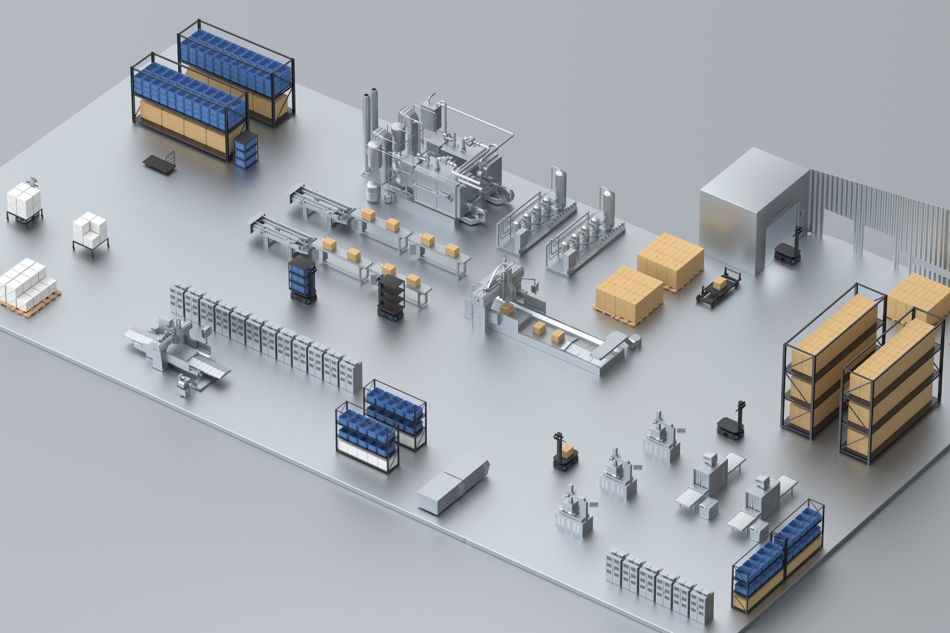 Moderne Produktionshalle mit autonomen Robotern für effiziente Intralogistik und Materialfluss