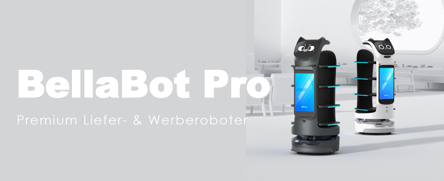 Zwei BellaBot Pro Roboter mit LED-Akzenten im modernen Gastraum als Liefer und Werbeeinheit
