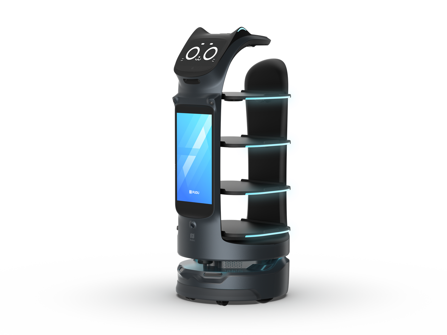 BellaBot Pro in Schwarz mit vier Ebenen und Display für Werbung oder Interaktion im Einsatz