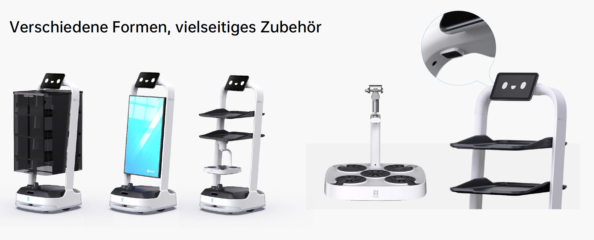 PuduBot 2 mit vielfältigem Zubehör wie Displaymodul, Drehteller, Kühlfächer und Ladeplattform gezeigt