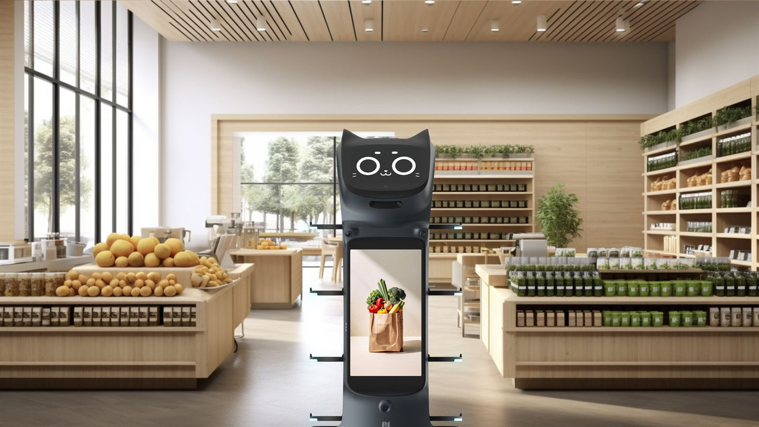 BellaBot Pro mit Katzenkopfdisplay in modernem Supermarkt mit frischen Lebensmitteln