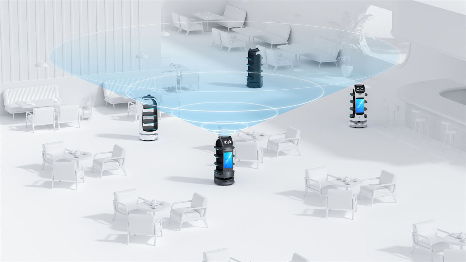 Mehrere BellaBot Pro Roboter mit intelligenter Navigation im kontaktlosen Restaurantbetrieb