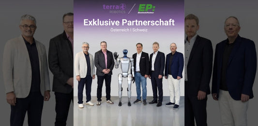 Team mit humanoidem Roboter als News-Bild zur exklusiven Partnerschaft von Terra Robotics mit EP in Österreich und der Schweiz