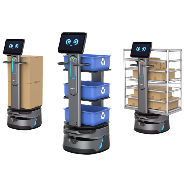 Drei autonome Transportroboter mit Bildschirm bewegen Waren in flexiblen modularen Lagersystemen