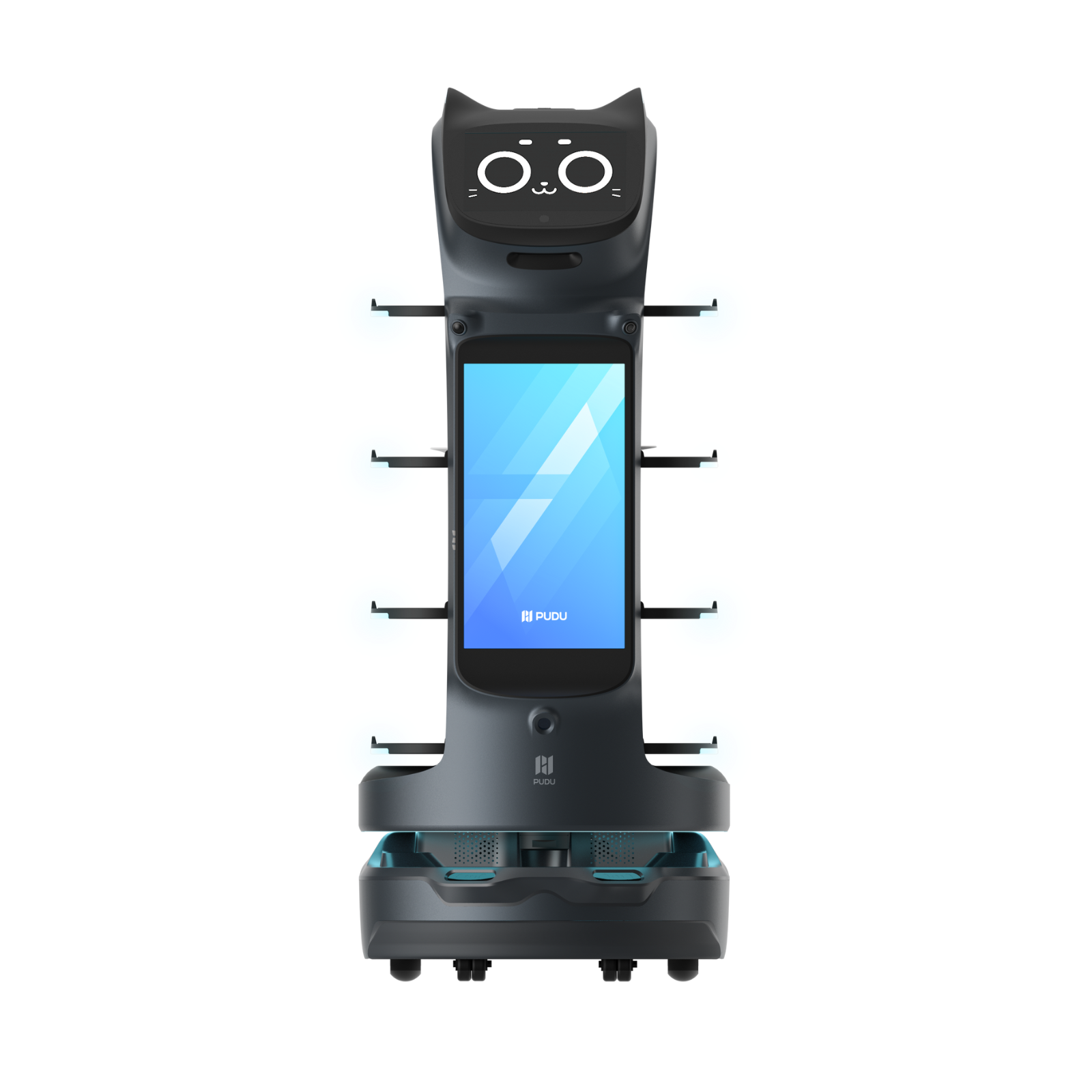 Serviceroboter mit Katzenoptik und großem Display präsentiert sich im modernen Produktdesign