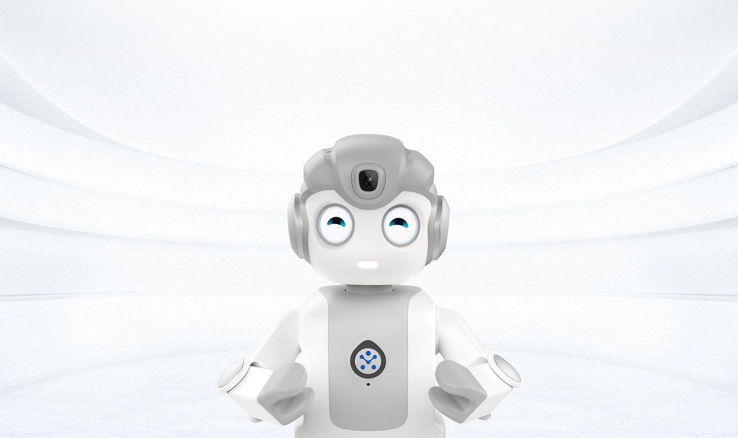 Humanoider Bildungsroboter Alpha Mini 2 lächelnd vor hellem futuristischem Hintergrund für interaktive Lernanwendungen