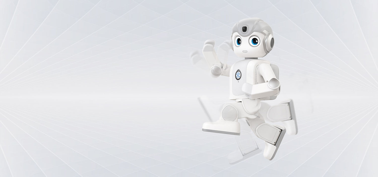 Humanoider Lernroboter Alpha Mini 2 läuft dynamisch über futuristischen Boden für Programmier und MINT Bildung