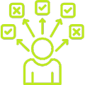 Grünes Icon mit Person und Pfeilen zu Auswahlfeldern symbolisiert Entscheidungsprozesse visuell