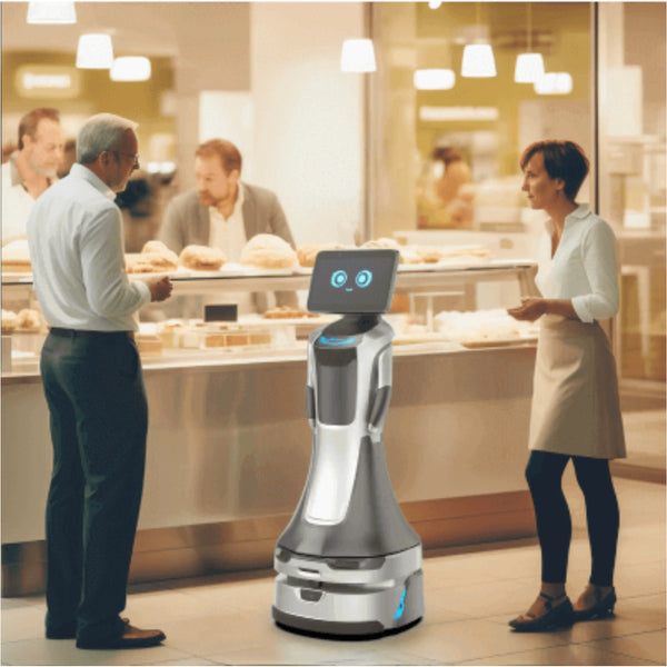 Empfangsroboter begrüßt Kunden in einer Bäckerei und unterstützt bei Beratung und Service
