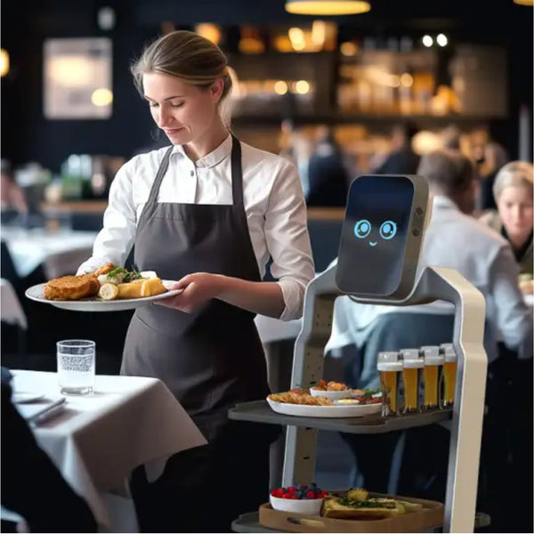 Serviceroboter unterstützt Kellnerin beim Servieren von Speisen und Getränken im Restaurant