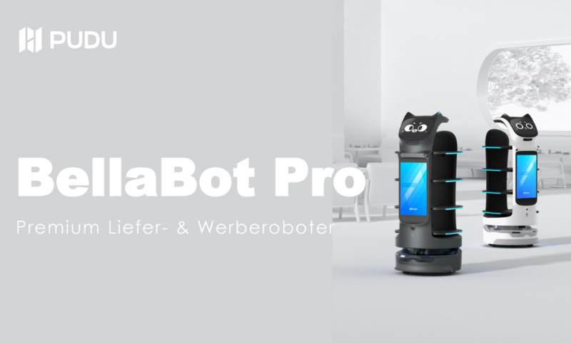 Zwei moderne BellaBot Pro Roboter mit Bildschirm präsentieren Speisen im offenen Raum mit Tageslicht