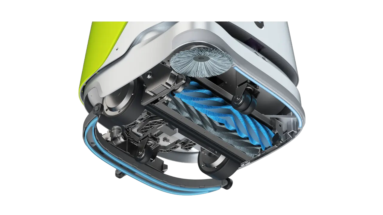 Detailansicht der CC1 Unterseite mit rotierender Walzenbürste, Wasserdüsen, Rädern und Saugöffnung