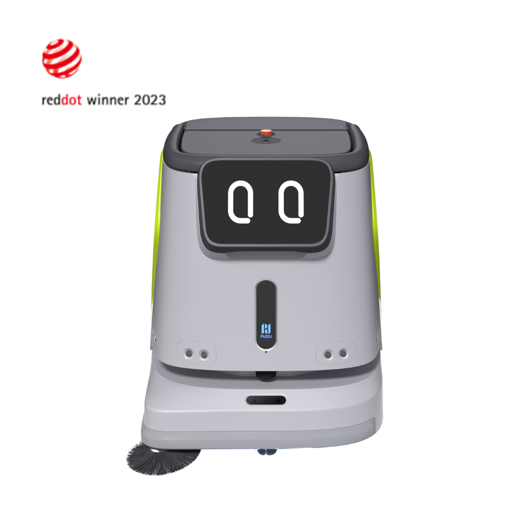 Reinigungsroboter Pudu CC1 mit Displayaugen und rotem Red Dot Design Award auf transparentem Hintergrund