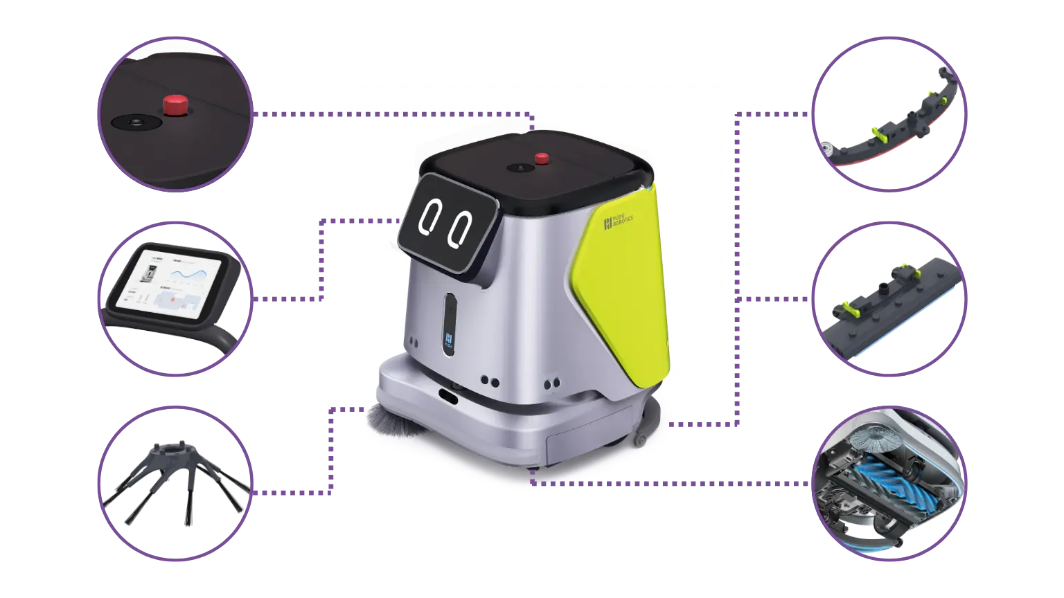 CC1 Reinigungsroboter mit Display, Wasserdüsen, Seitenbürsten, Notstopp, Steuerung und Walzenbürste.