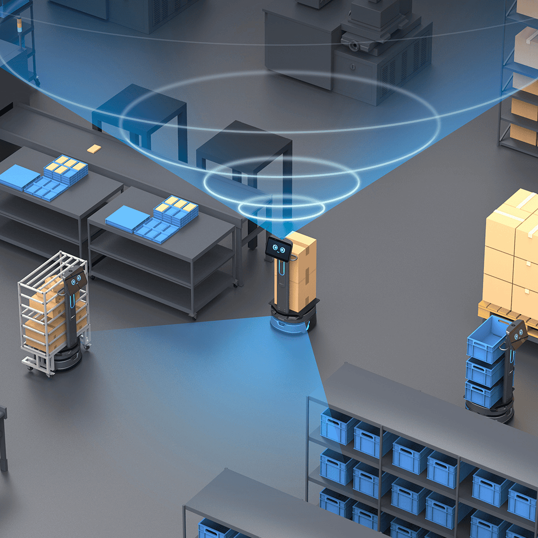 Mehrere autonome CarryBot Transportroboter navigieren durch eine digital vernetzte Lagerhalle