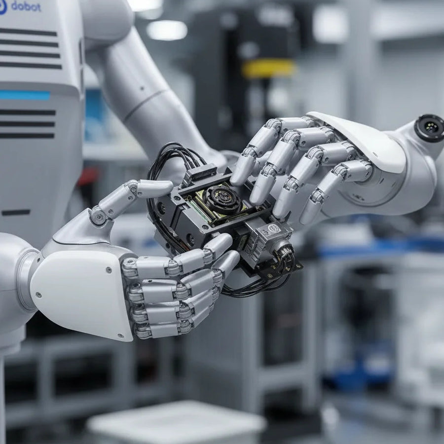 DOBOT Atom humanoider Roboter bei der automatischen Ablage und Prüfung eines Elektronikbauteils in einer modernen Laborumgebung.