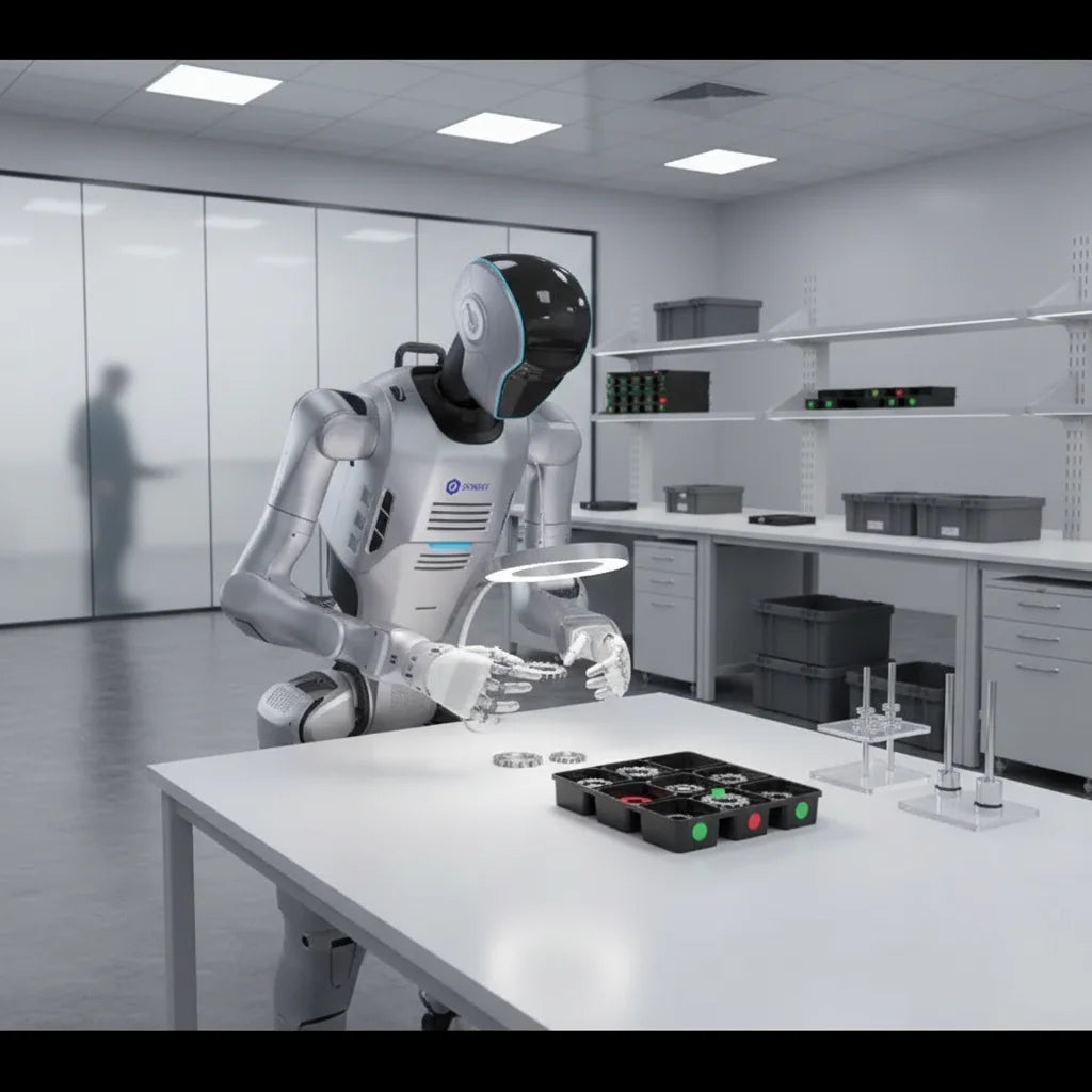 DOBOT Atom Max humanoider Roboter in einer modernen Industrie-Produktionshalle bei der Zusammenarbeit mit Roboterarmen.