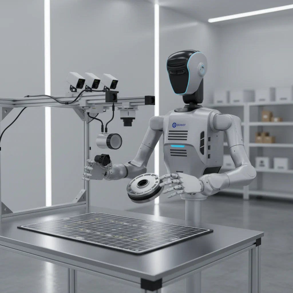 DOBOT Atom humanoider Roboter bei der Datenerfassung und Komponentenprüfung in einer modernen Laborumgebung.