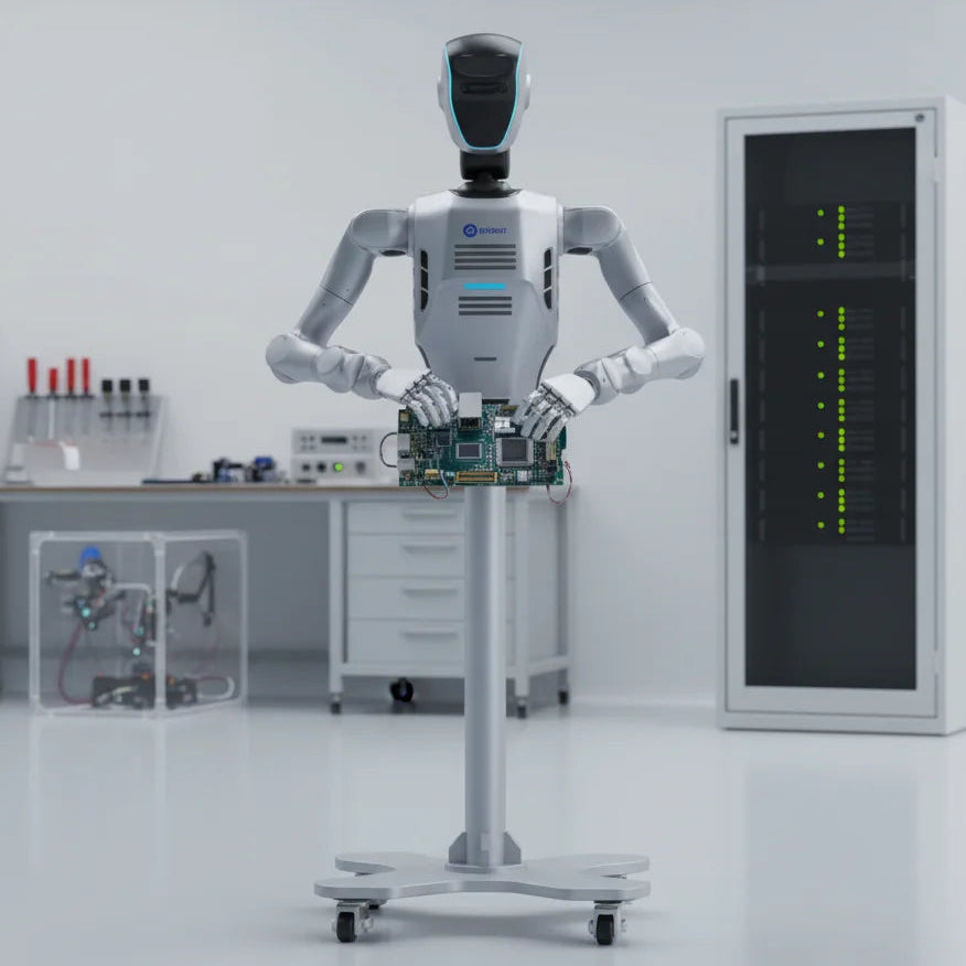 DOBOT Atom Max humanoider Roboter bei der Datenerfassung und Prüfung von Elektronikkomponenten in einer modernen IT- und Laborumgebung.