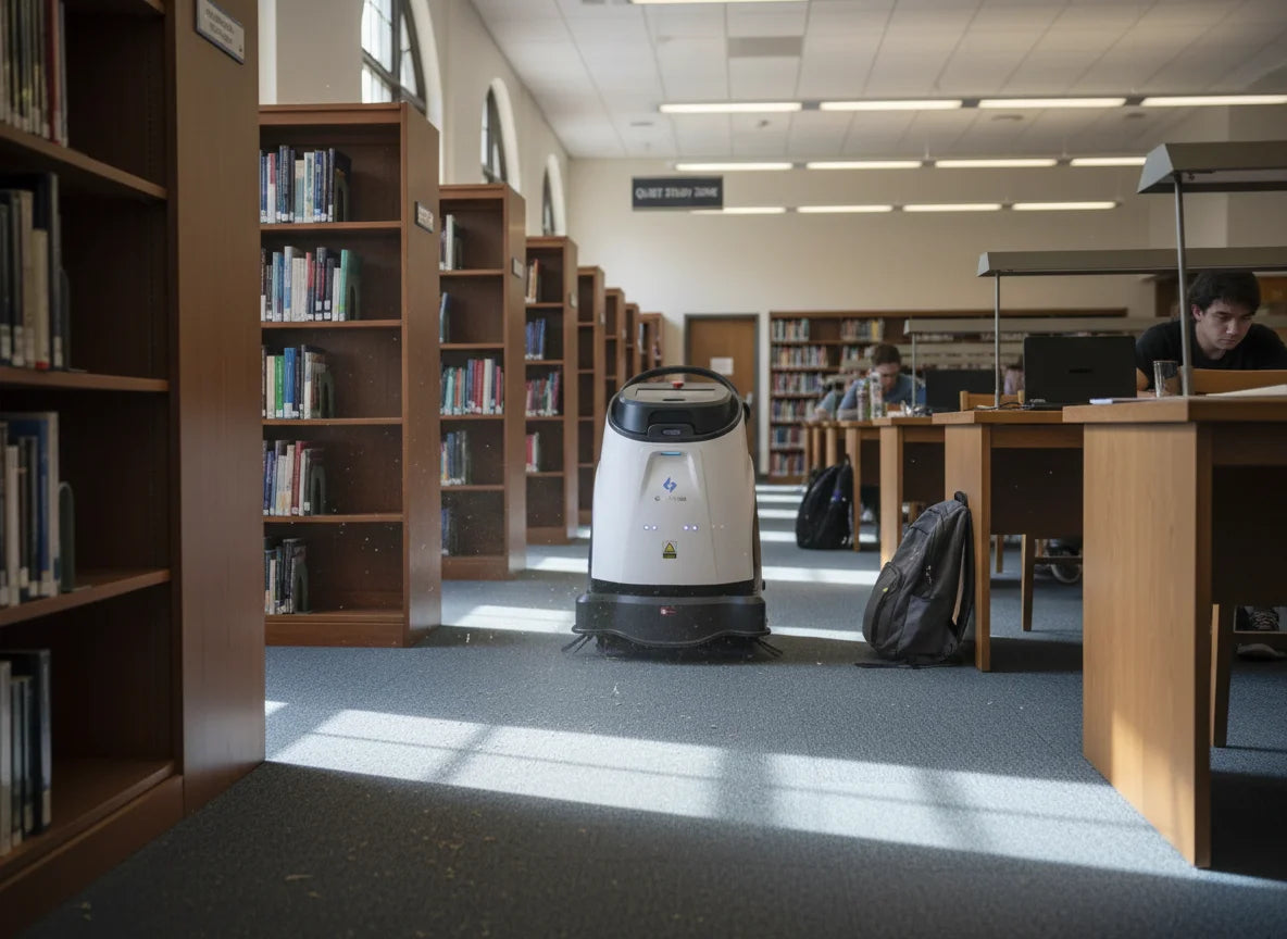 Autonomer Reinigungsroboter Vacuum 40 im Einsatz beim Boden reinigen in einer Bibliothek.