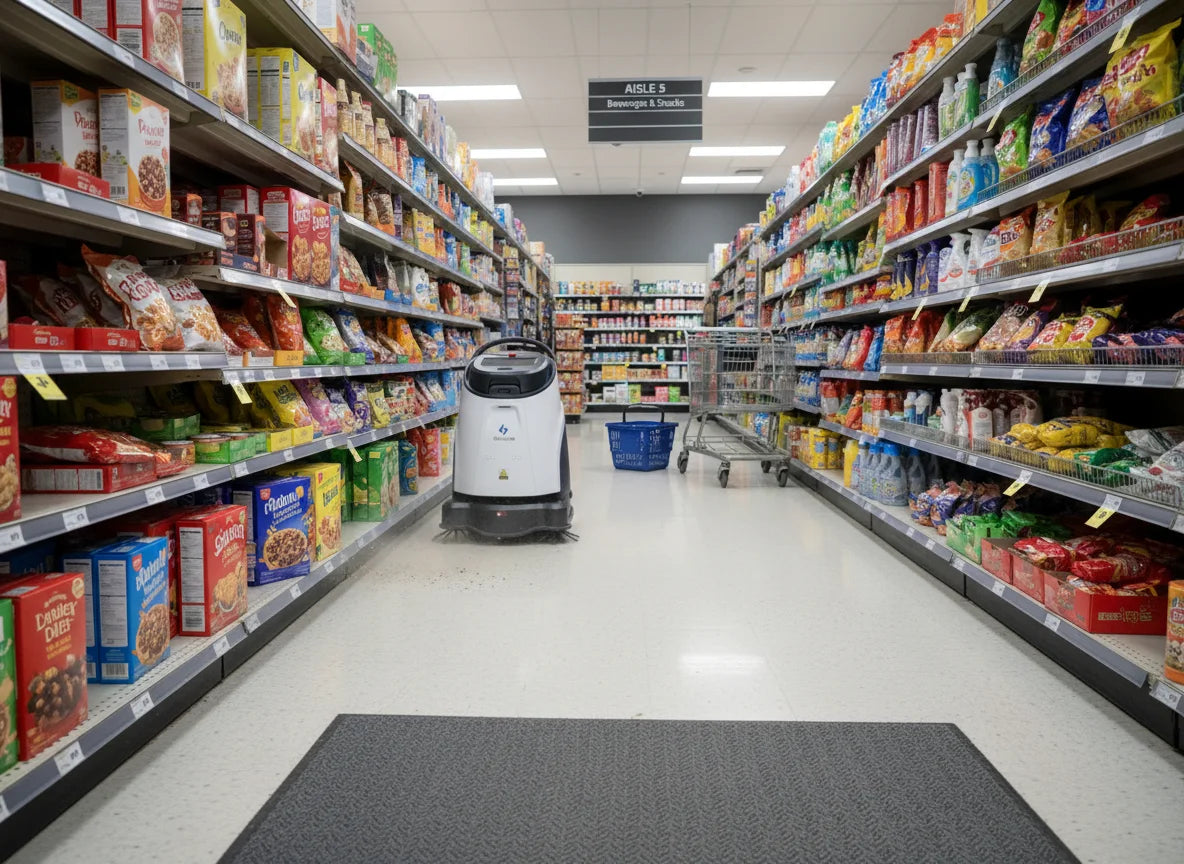 Autonomer Reinigungsroboter Vacuum 40 von Gausium Bodenreinigung in einem Supermarkt.