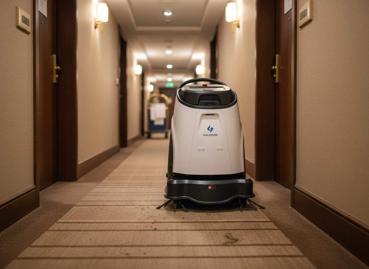 Autonomer Saugroboter Vacuum 40 on Gausium beim reinigen des Teppichbodens in einem Hotelflur.