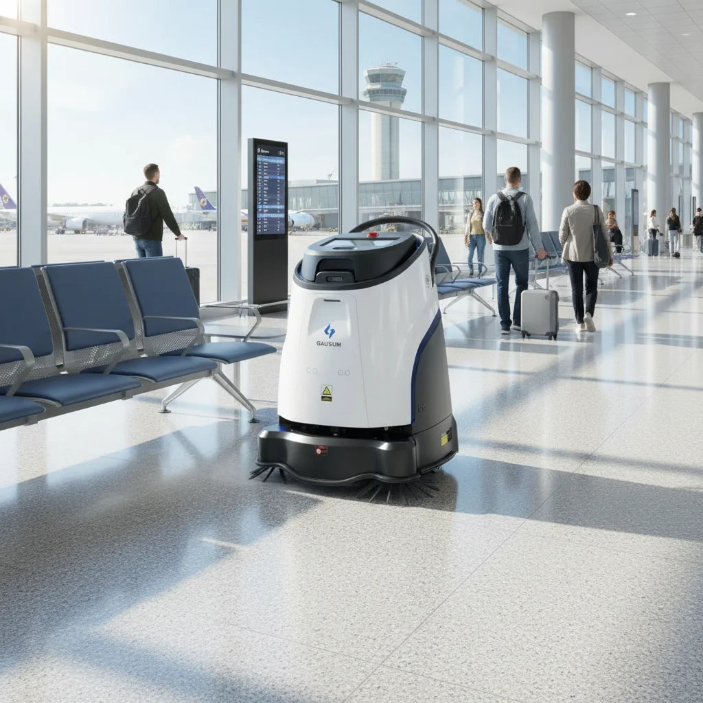 Gausium Vacuum 40 Reinigungsroboter im Einsatz an einem Flughafen.