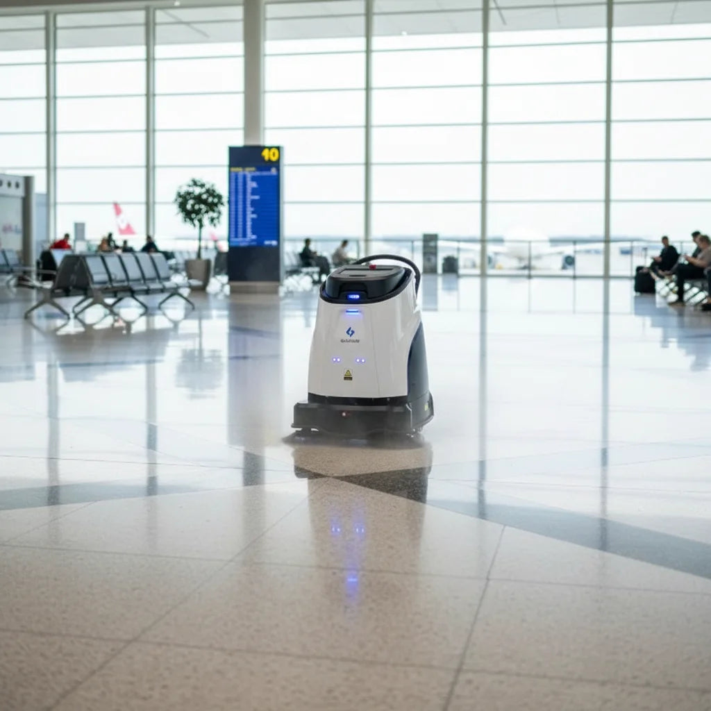 Gausium Vacuum 40 Reinigungsroboter Fliesenboden Reinigung am Flughafen