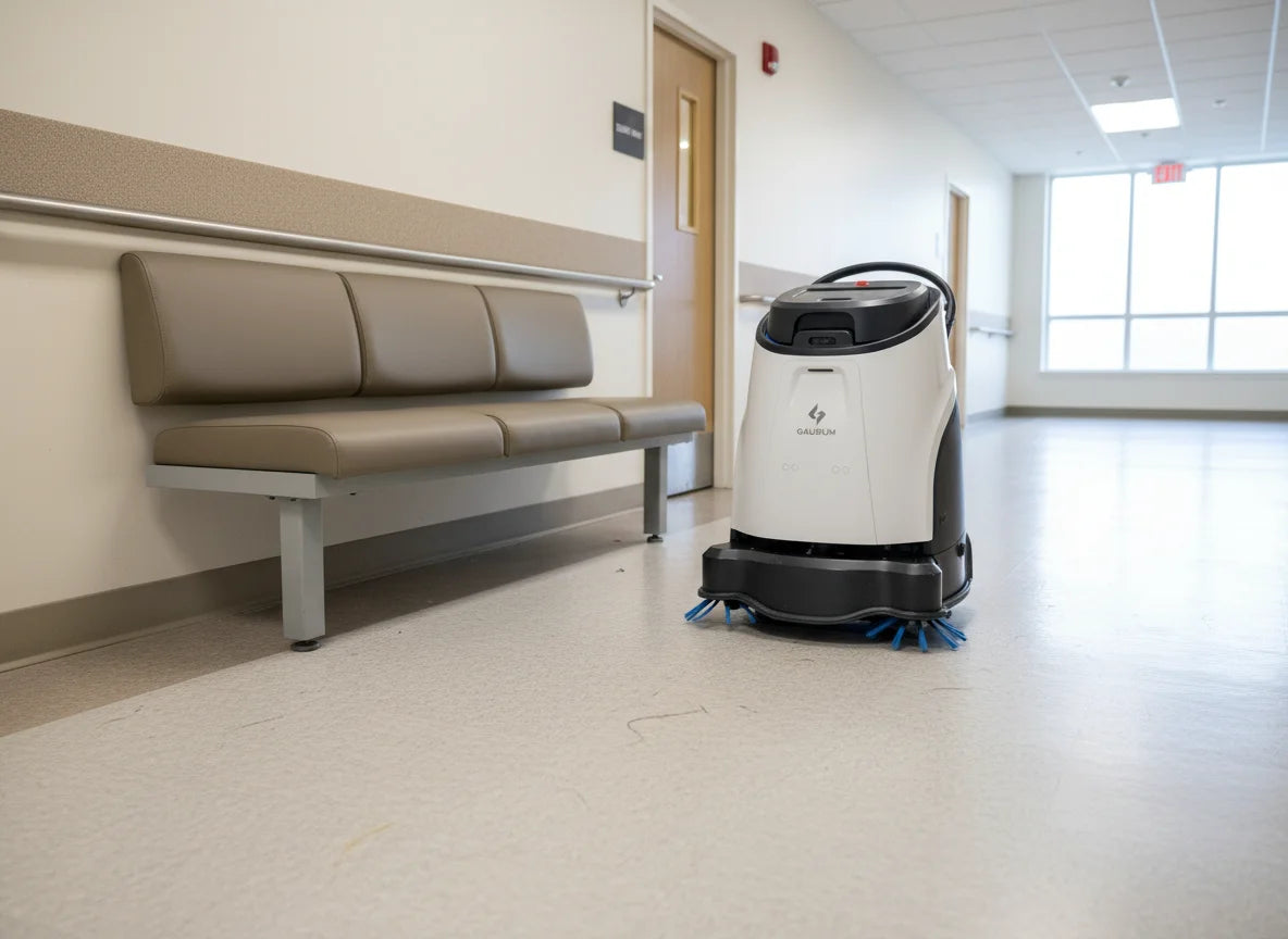 Autonomer Saugroboter Gausium Vacuum 40 bei der Bodenreinigung auf Linoleum in einer Reha-Anstalt, effiziente Reinigung von Klinikfluren.