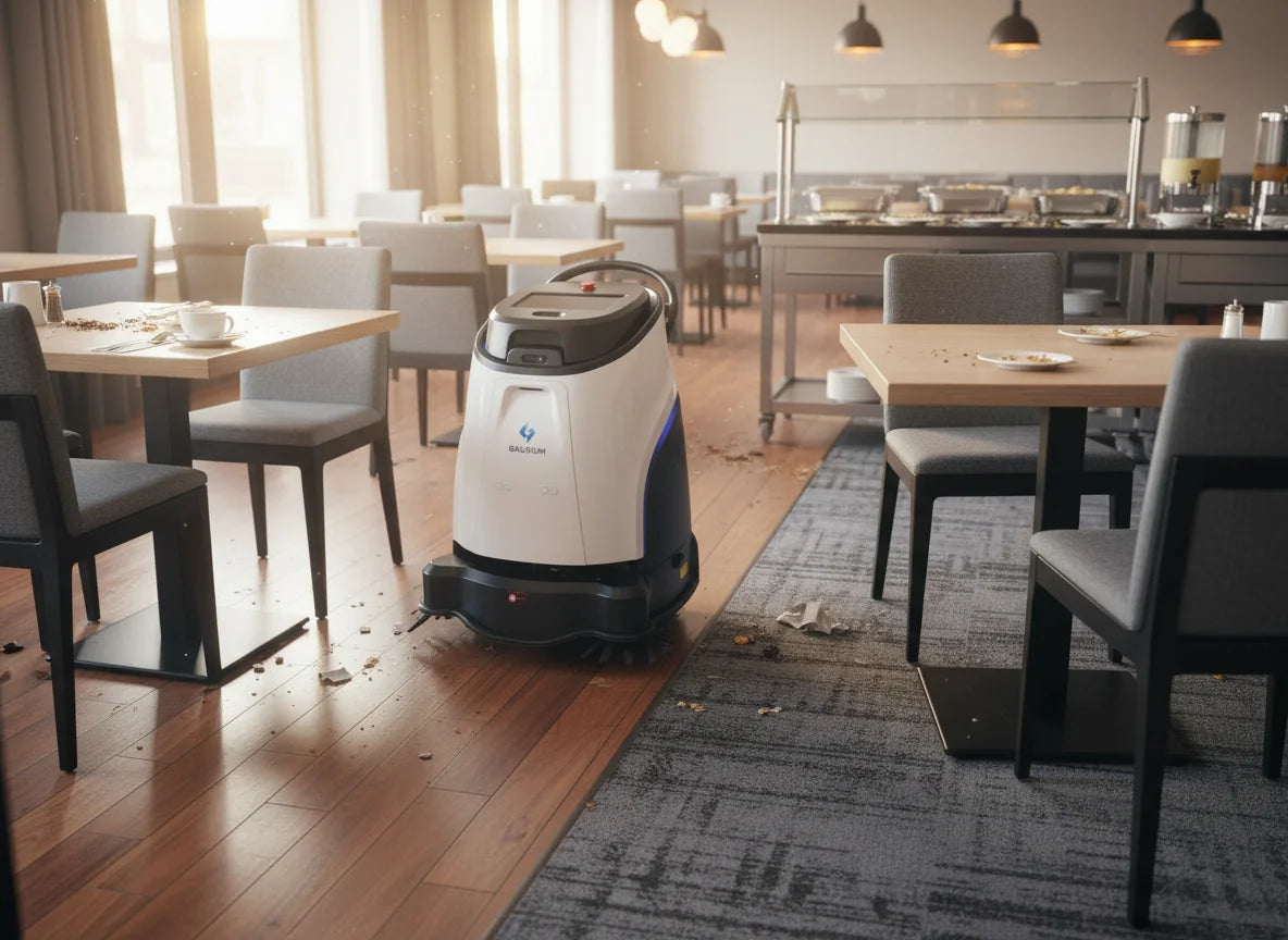 Gausium Vacuum 40 Reinigungsroboter Laminatboden Reinigung in einem Restaurant.