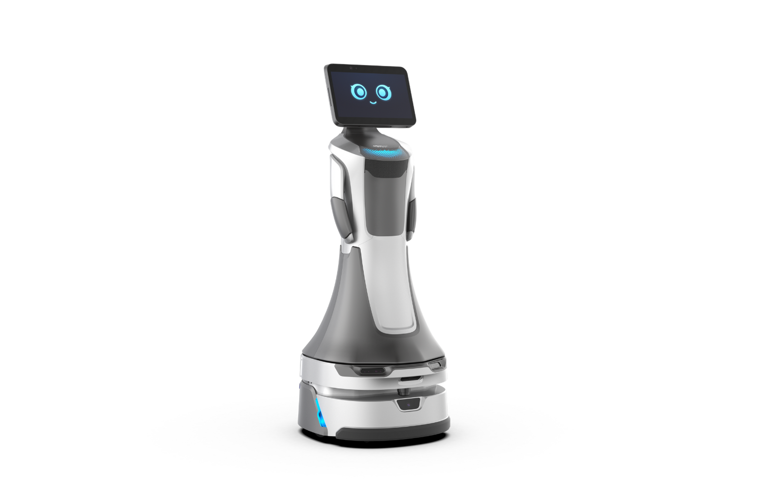 Moderner Begrüßungsroboter mit Display, Augen und elegantem Design für Empfang oder Kundenkontakt
