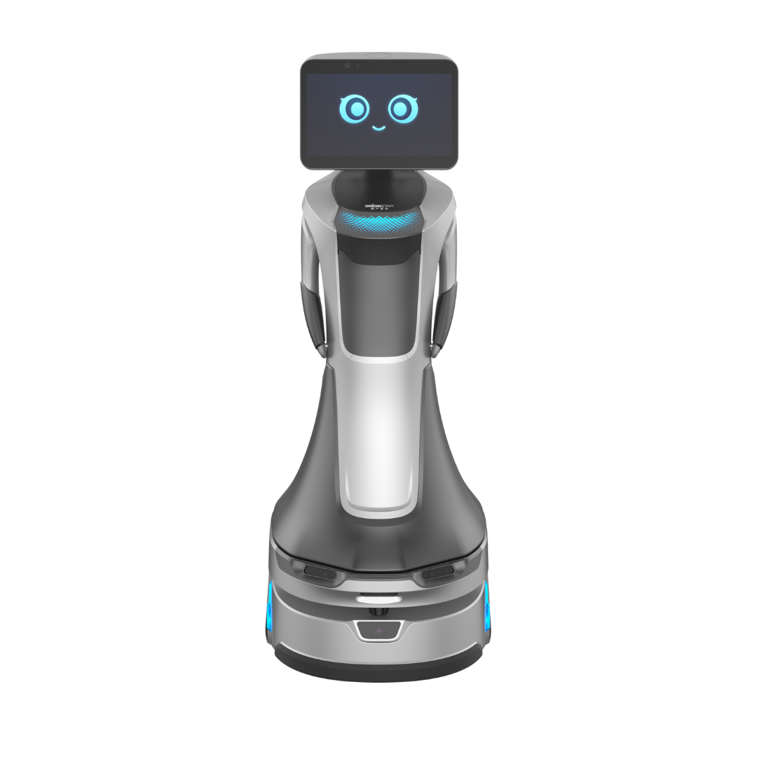 Empfangsroboter mit Display und leuchtenden Augen, futuristisches Design auf transparentem Hintergrund.