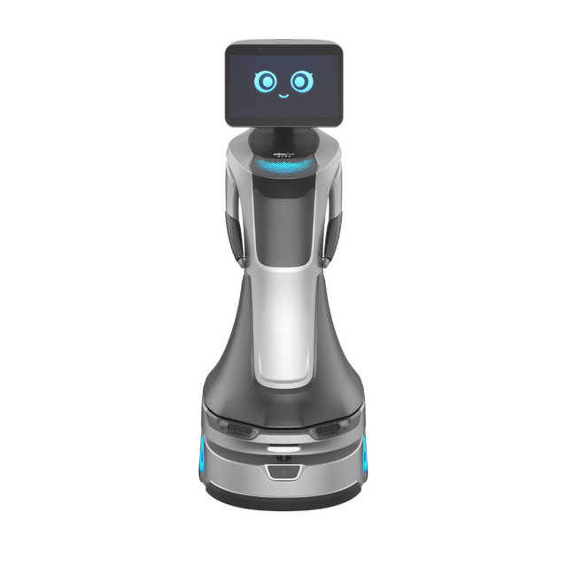 Empfangsroboter mit Display und leuchtenden Augen, futuristisches Design auf transparentem Hintergrund.
