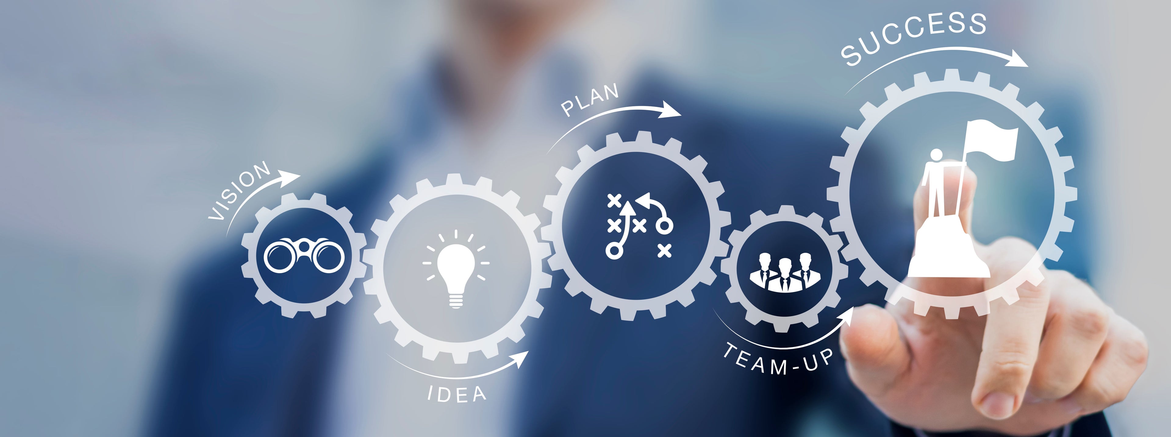 Geschäftsmann tippt auf Zahnräder mit Symbolen für Vision, Planung, Teamwork, Idee und Erfolg