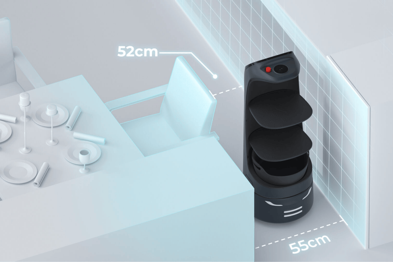KattyBot Pro Serviceroboter manövriert durch 55 cm Gänge zwischen Wand und Stuhl in Gastronomiebereich
