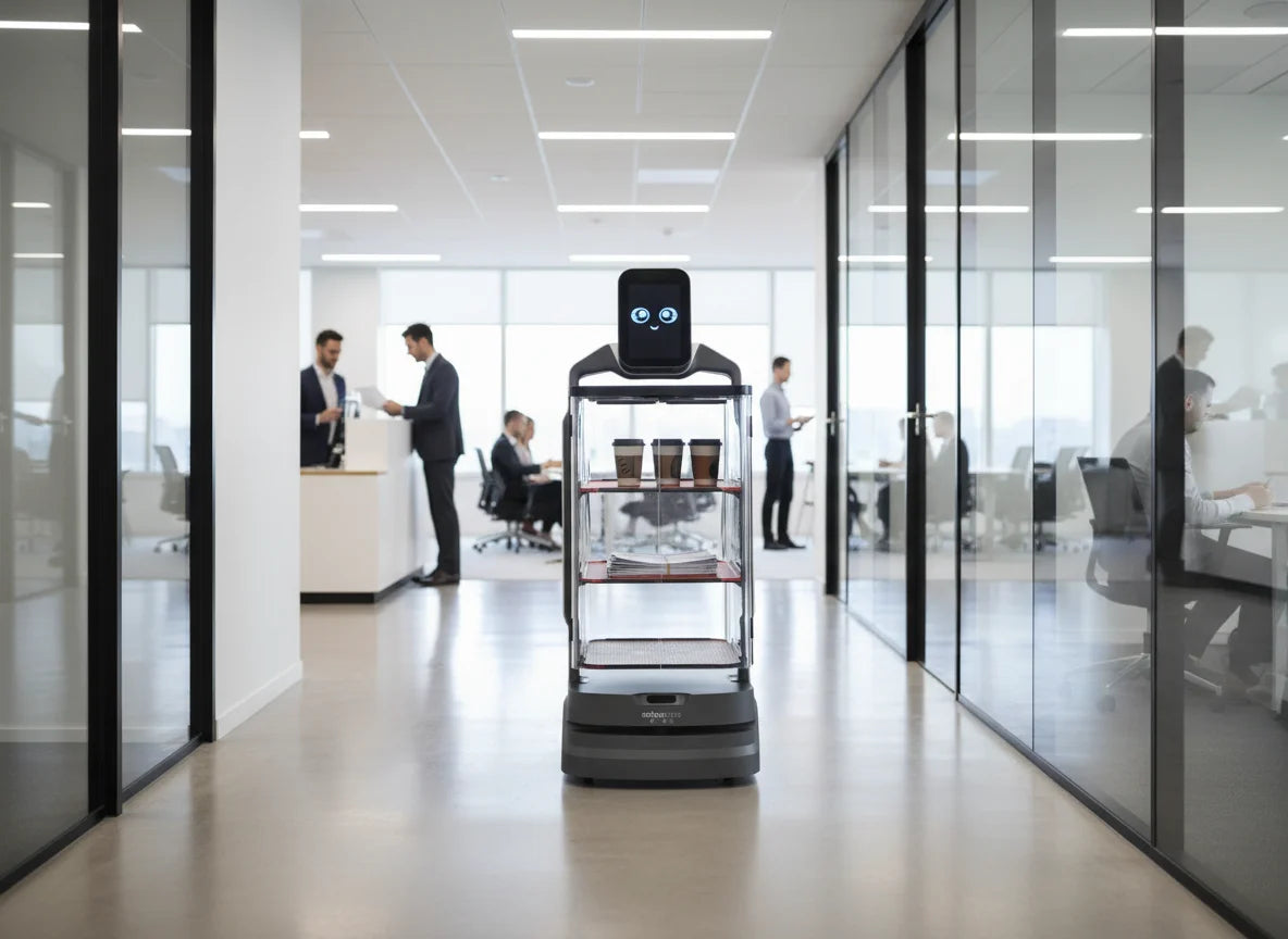 OrionStar LuckiBot Service-Roboter im Bürogebäude für den autonomen Dokumenten- und Snacktransport im Business Center.